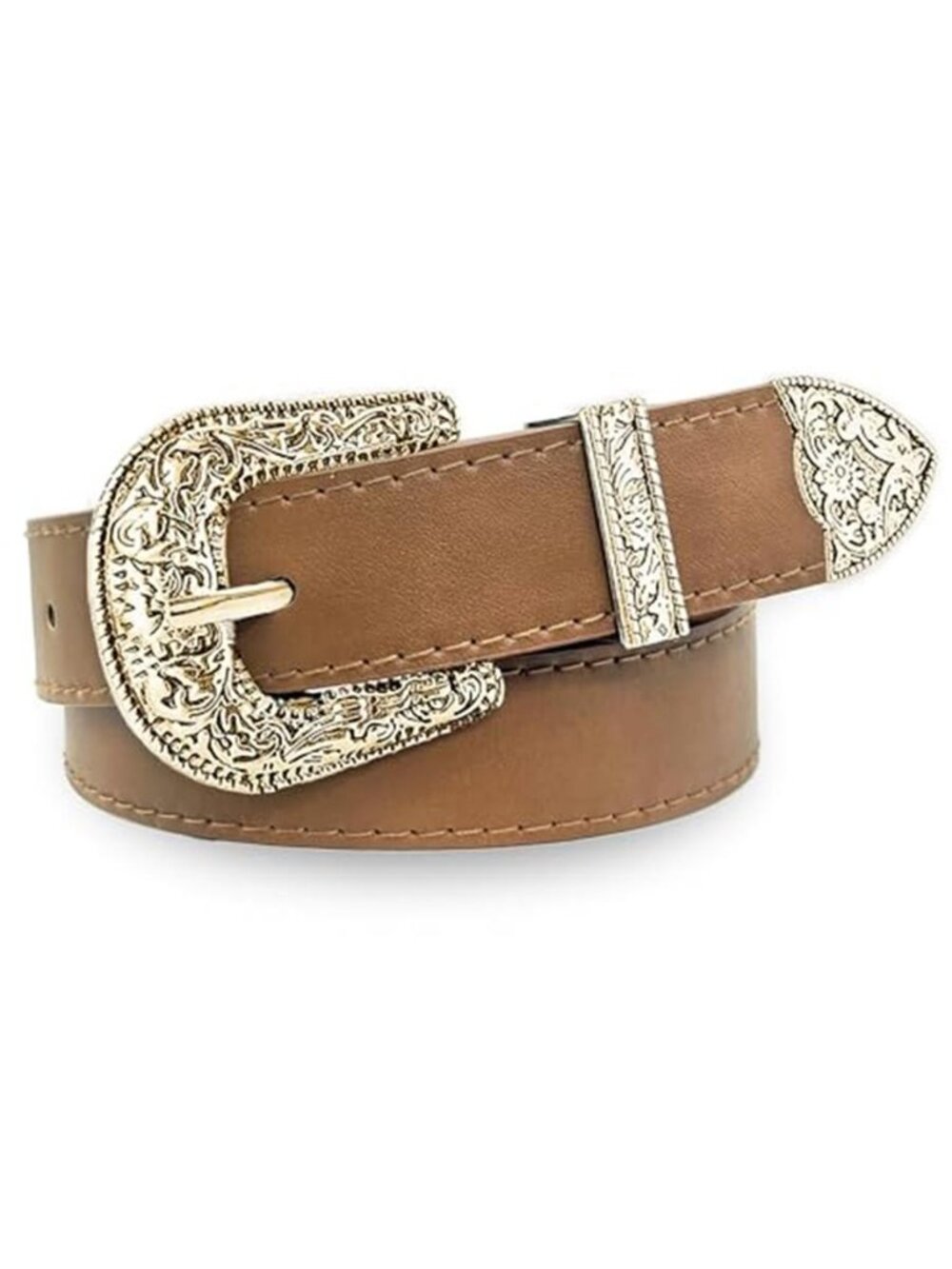 Western Cowboy Cowgirl Belt for Women, Engraved Buckle PU Leather Belt for